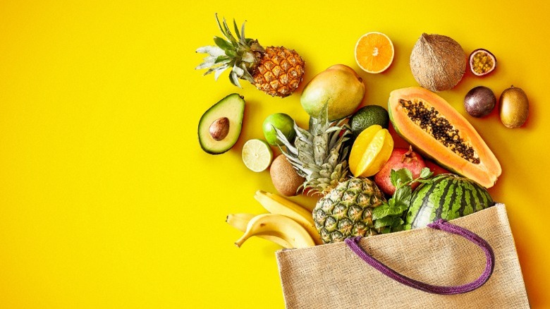 Tropical fruit in canvas bag