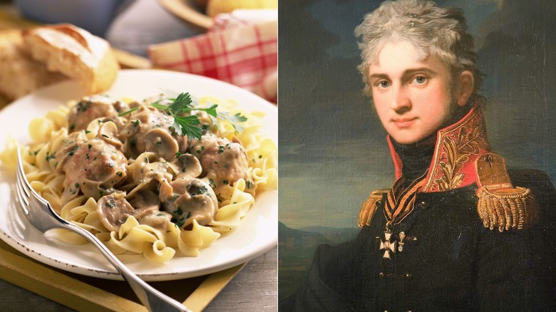 Split image of Beef Stroganoff and Pavel Alexandrovich Stroganov