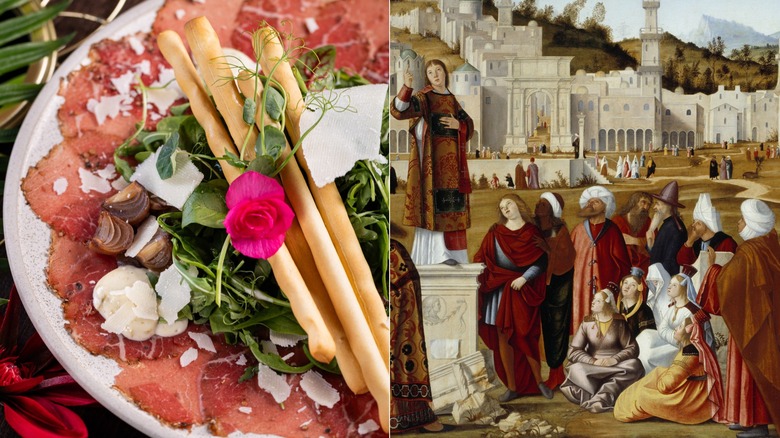 Split image of Carpaccio on a plate and Vittore Carpaccio's Sermon of St. Stephen