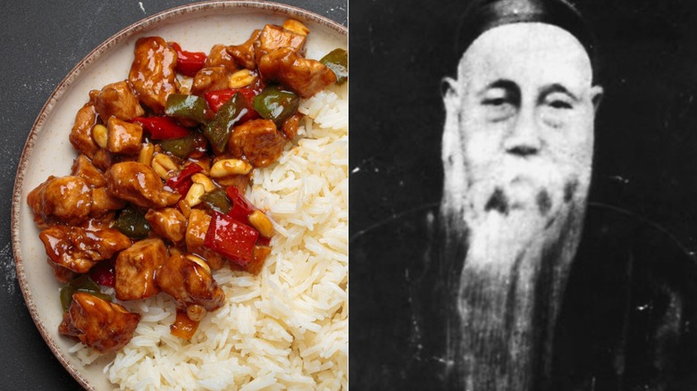 Split image of Kung pao chicken on a plate with rice and Ding Baozhen