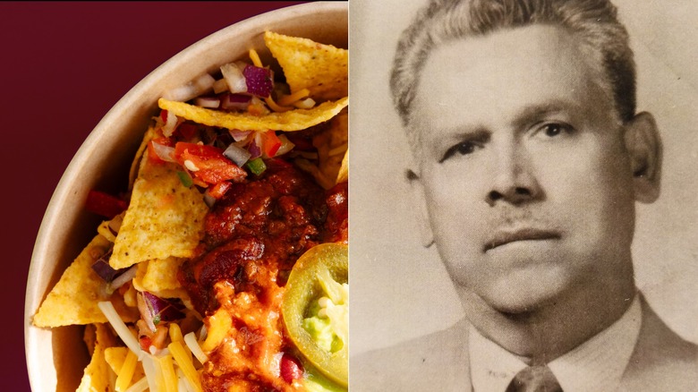 Split image, top view of a plate of nachos and Ignacio Anaya Garcia