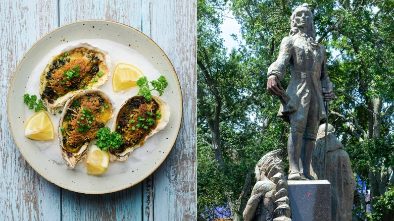 Split image of oysters and a statue of Jean-Baptiste Le Moyne, Sieur de Bienville