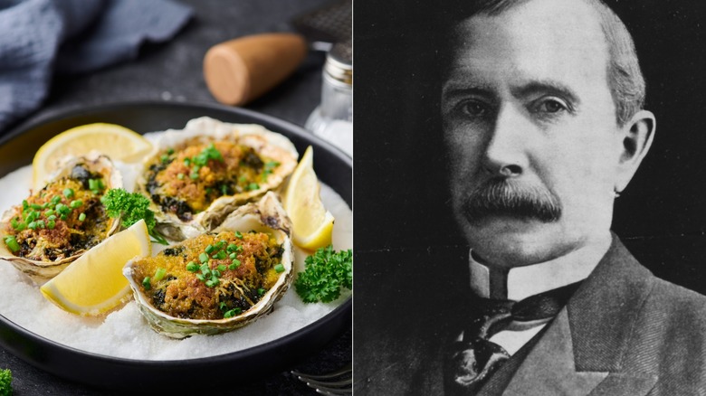 Split image of Oysters Rockefeller and John D. Rockefeller