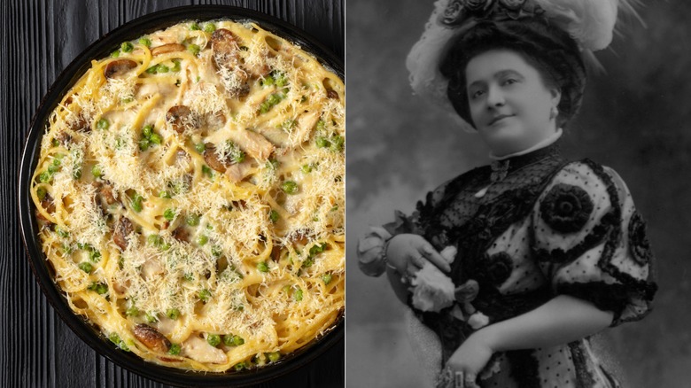 Split image of Tetrazzini dish and Luisa Tetrazzini