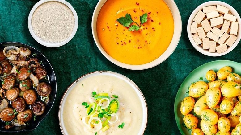 creamy vegan soups with mushrooms, potatoes, and tofu