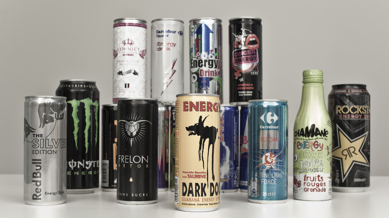 stack of various energy drinks