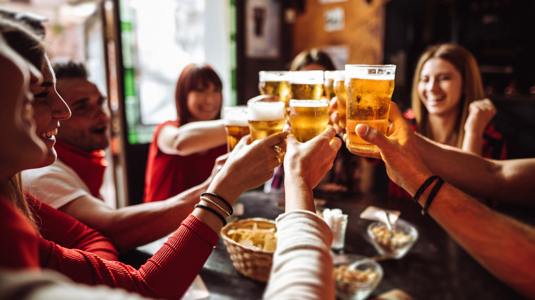 Group of friends toasting beer glasses together