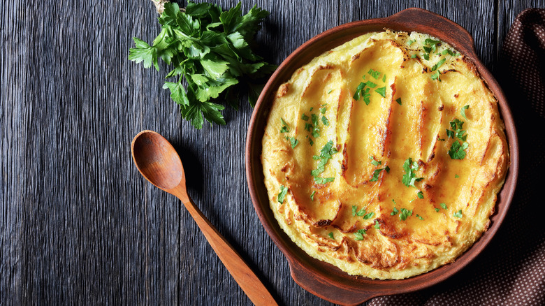 Baked mashed potatoes in dish