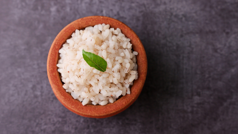 A small bowl of brown rice with an herb on top