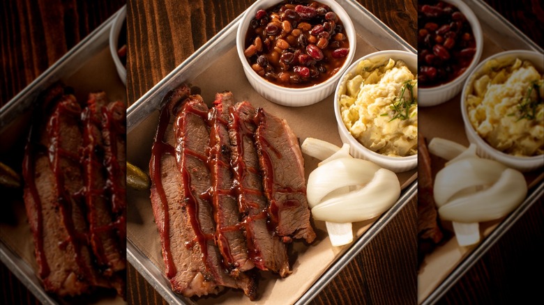 Tray of brisket, beans, and potato salad from Oklahoma Joe's