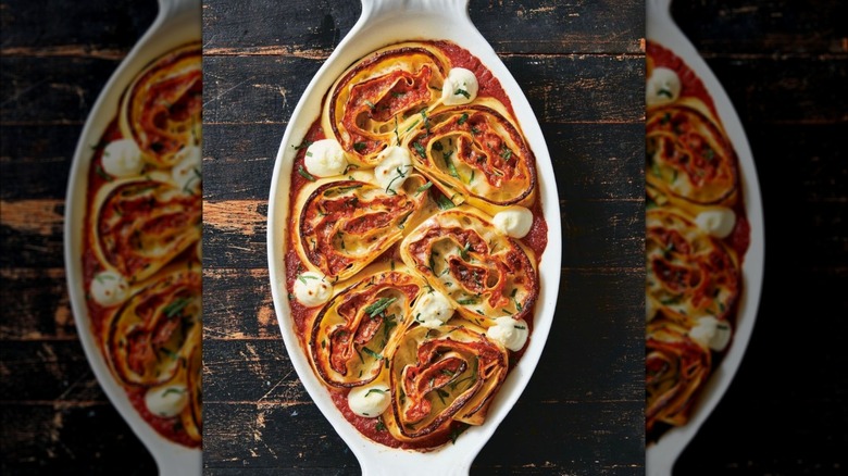 Don Angie lasagna in white dish on wooden table