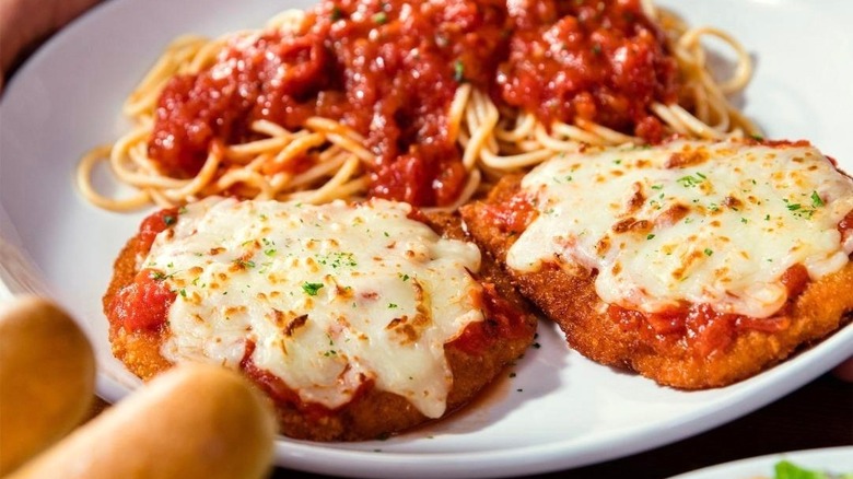 Chicken Parmigiana and breadsticks