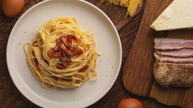 Aerial shot of pasta carbonara