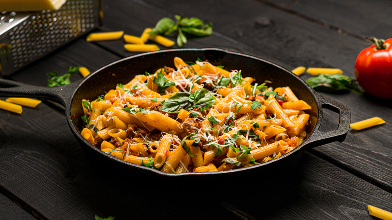 Cast iron filled with pasta