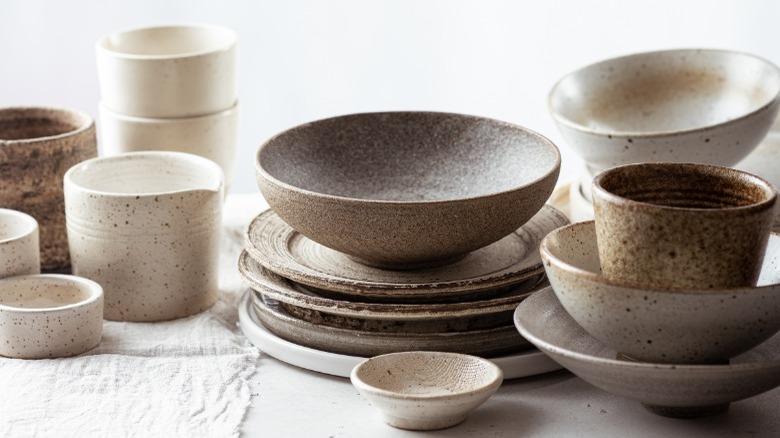 various handmade ceramic tableware