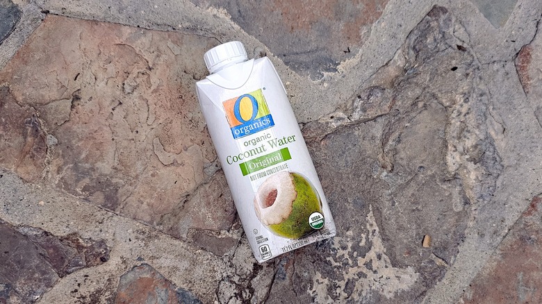 Carton of O Organics coconut water