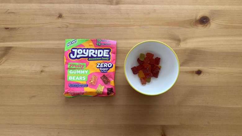 Joyride Fruity Gummy Bears on table