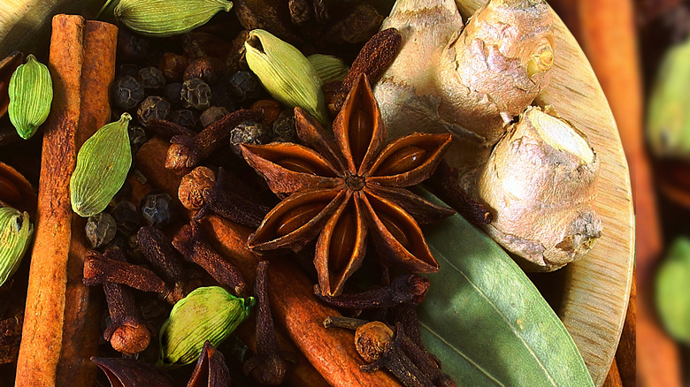 Close-up of various spices for seasoning chai