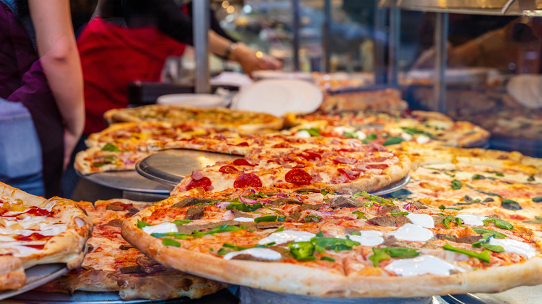 Pizza in display case