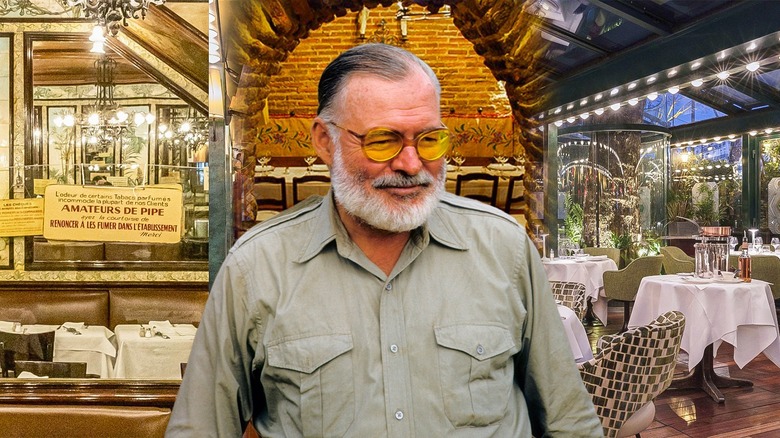 Ernest Hemingway wearing yellow sunglasses in front of several restaurant interiors