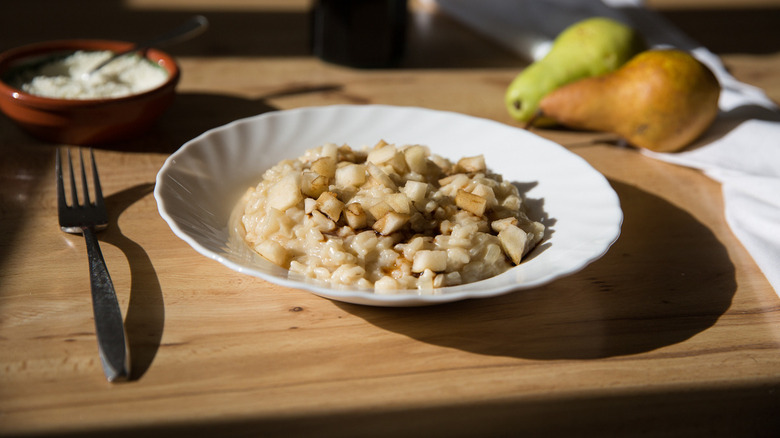 Pear risotto in bowl