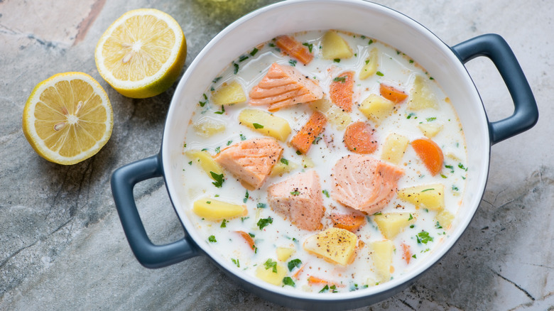 Finnish salmon soup in large pot