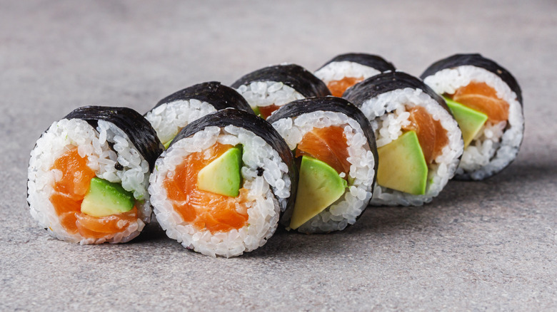 Salmon and avocado futomaki rolls