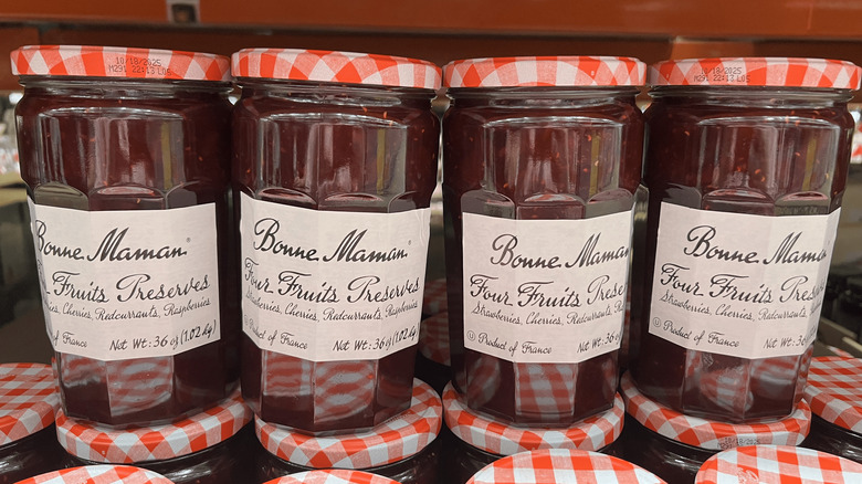 Row of four Bonne Maman Four Fruits Preserves jars side by side