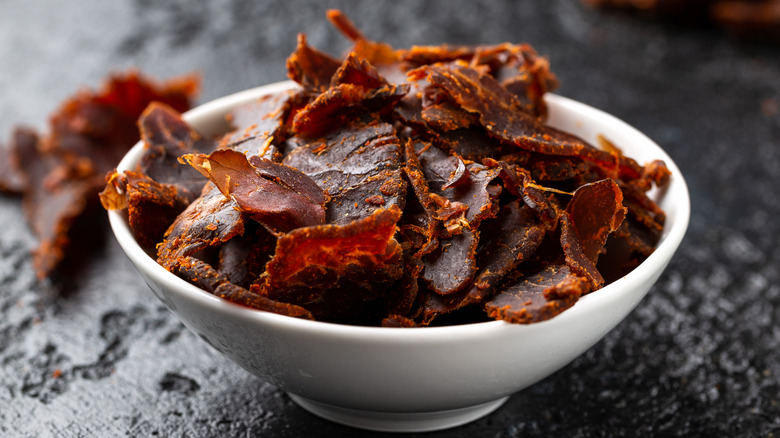 beef jerky in white bowl