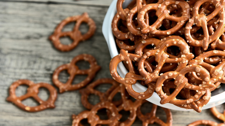 salted pretzels in white bowl