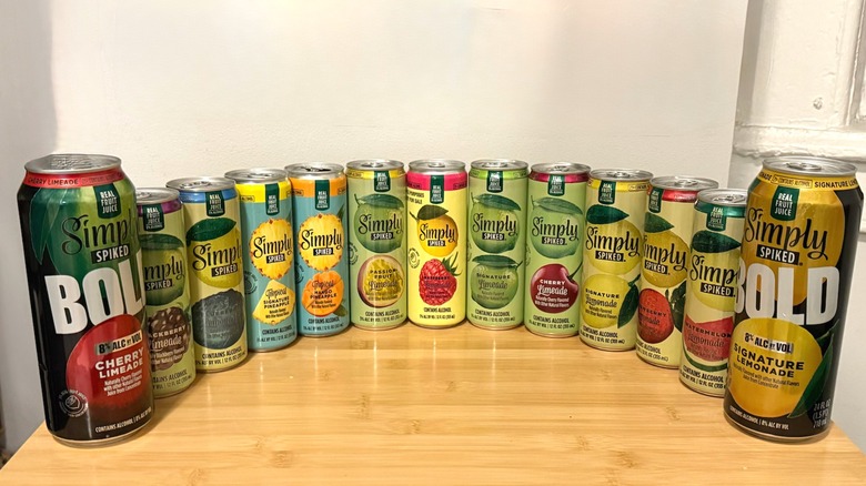 Lineup of Simply Spiked cocktail cans on a table
