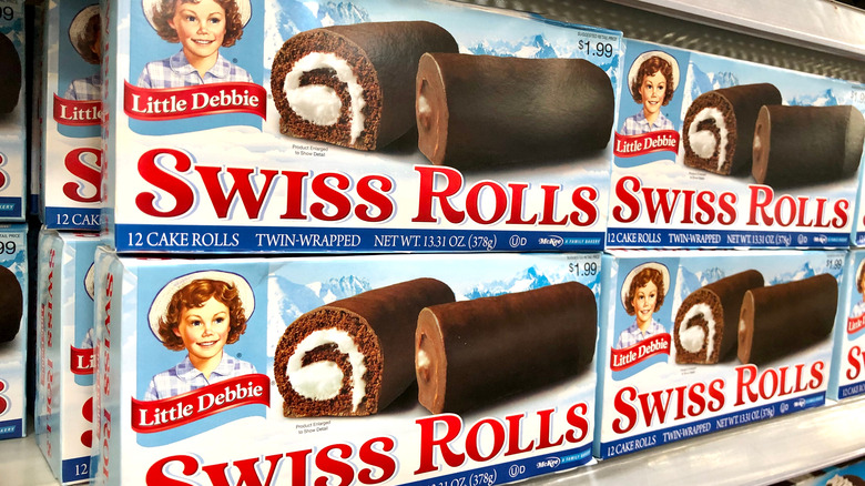 Swiss rolls on shelf