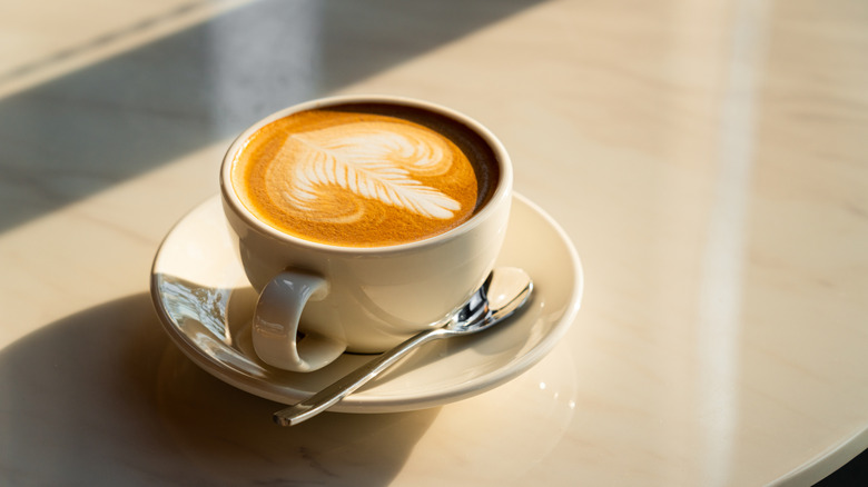 A latte fills a white cup on a saucer with a spoon on a counter.