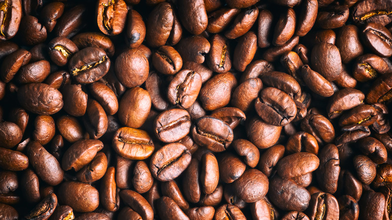 This closeup shows roasted coffee beans.