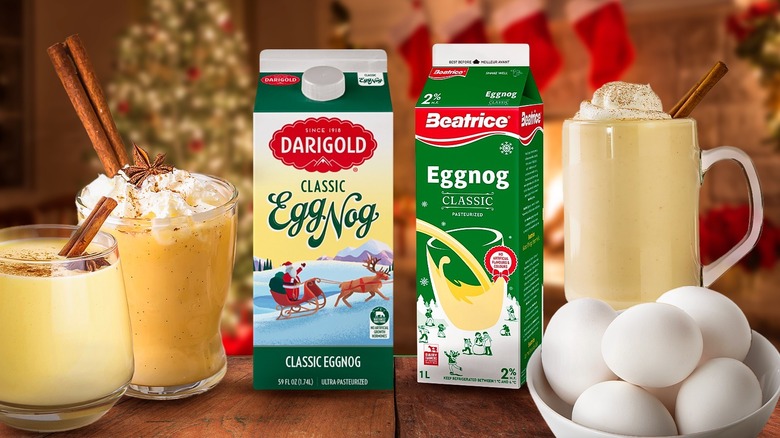 Eggnog cocktails and ingredients are displayed with holiday decorations in the background.