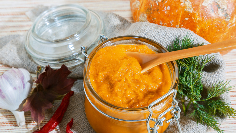 Homemade pumpkin puree in jar