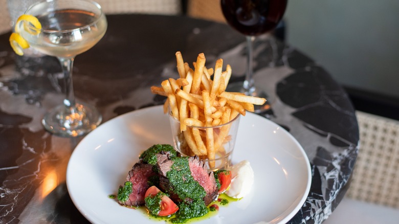 martini with steak and fries