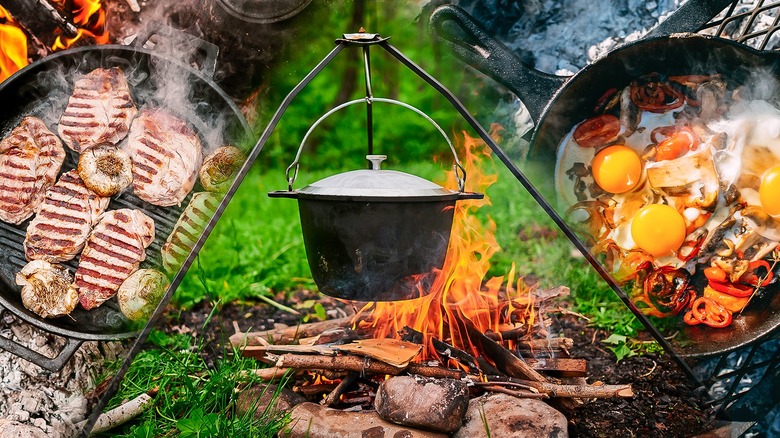 campfire cooking steak eggs veggies