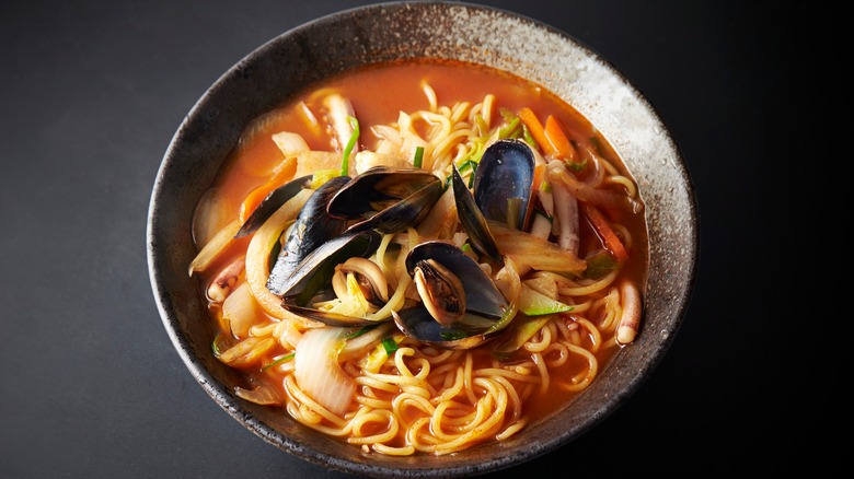 A noodle dish with mussels