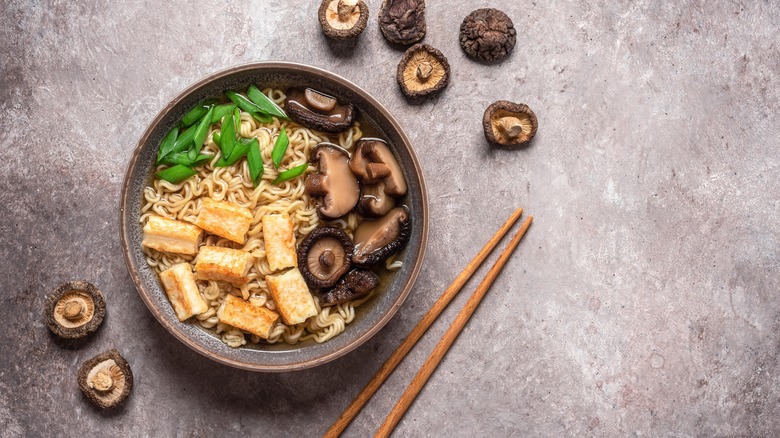 Aerial shot of ramen with tofu