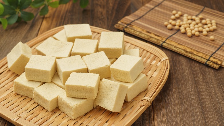 Cubed tofu on plate