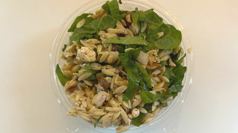 trader joes mediterranean orzo pasta salad on white table