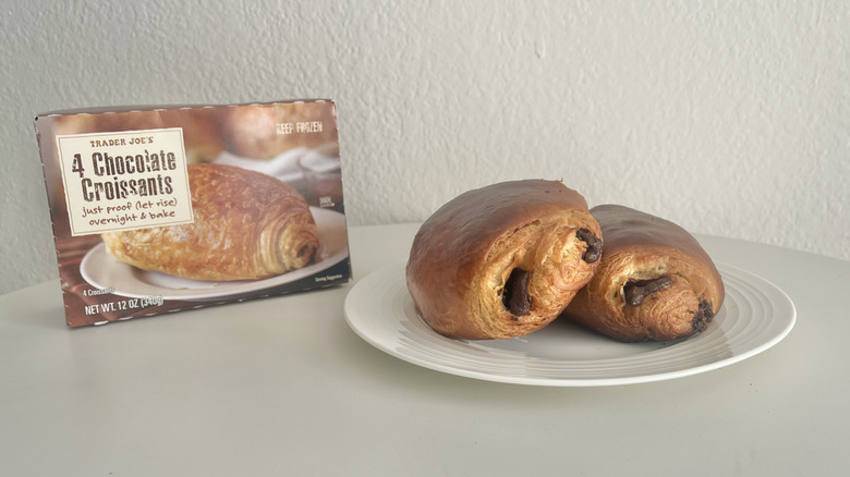 chocolate croissants from trader joe's on a white plate