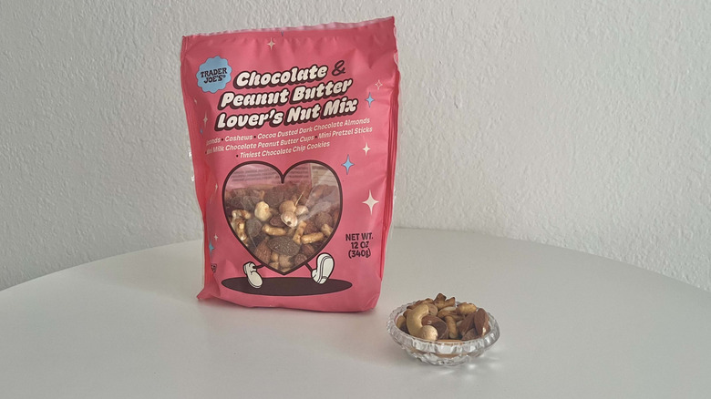 trader joe's chocolate peanut butter lover's mix in a small glass dish