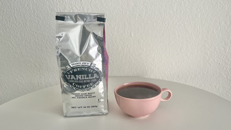 trader joe's french vanilla coffee in a pink mug