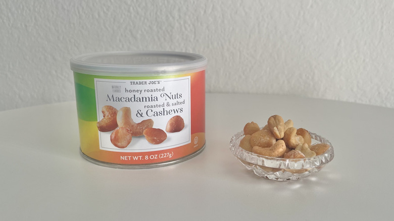 trader joe's roasted salted nuts in a small glass dish