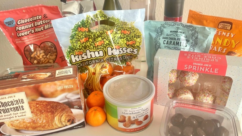 close up of trader joe's new and returning products on a table