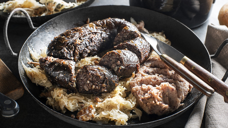 Dish of blood sausage, sauerkraut