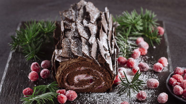 Yule log cake with festive decorations, like chocolate shards and sugared cranberries