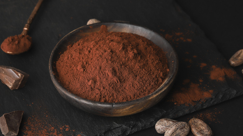 Bowl of cocoa powder with beans and chopped chocolate